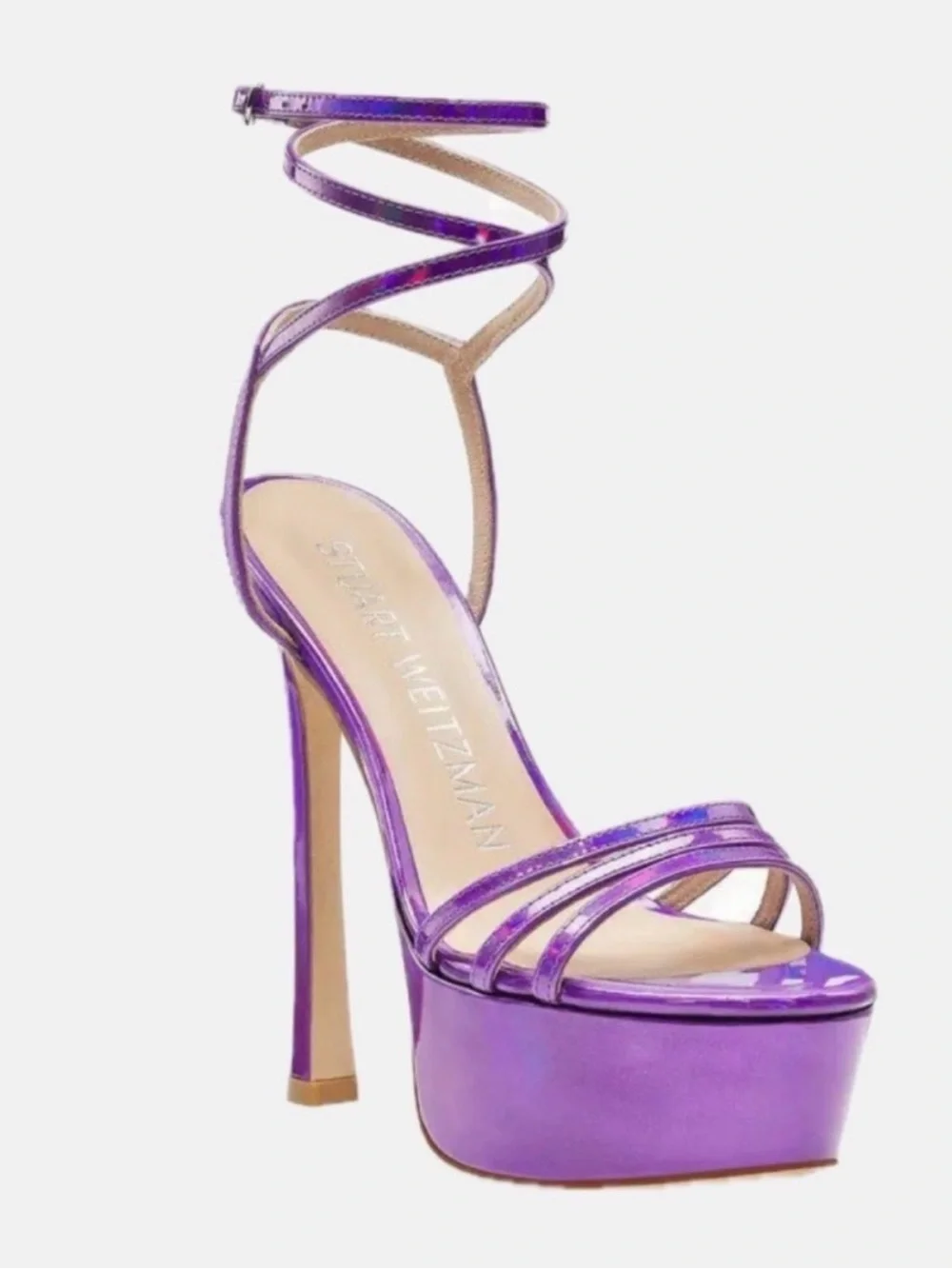 Stuart Weitzman Iridescent Purple Platform Ankle-Strap Sandals